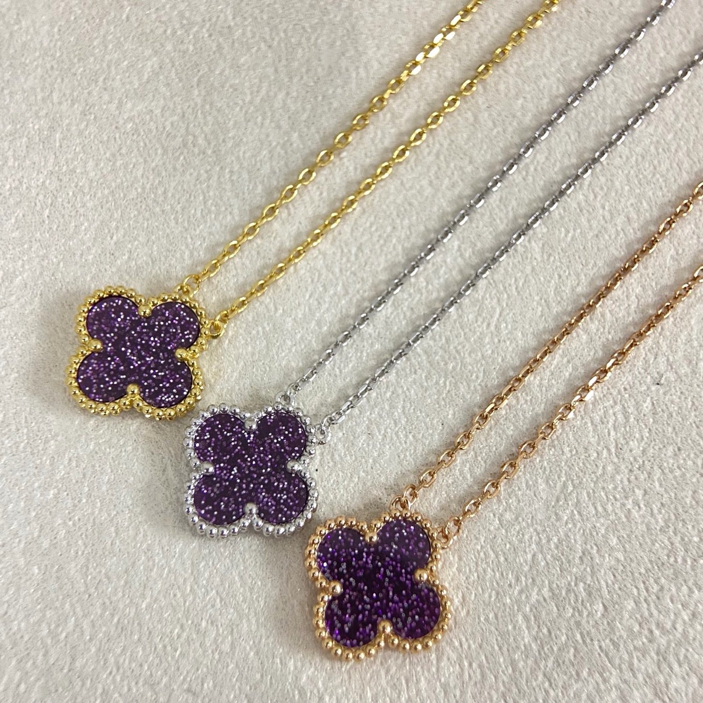 [Liorra Jewelry]NEW 15MM PURPLE SAND-GOLD FOUR-LEAF CLOVER NECKLACE