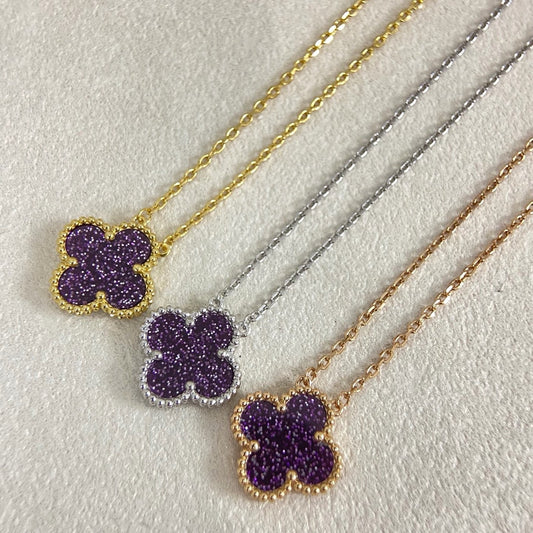 [Liorra Jewelry]NEW 15MM PURPLE SAND-GOLD FOUR-LEAF CLOVER NECKLACE