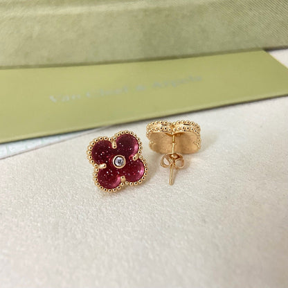 [Liorra]2026 NEW  CLOVER 1 MOTIFPINK ENAMEL STUD EARRINGS WITH DIAMONDS