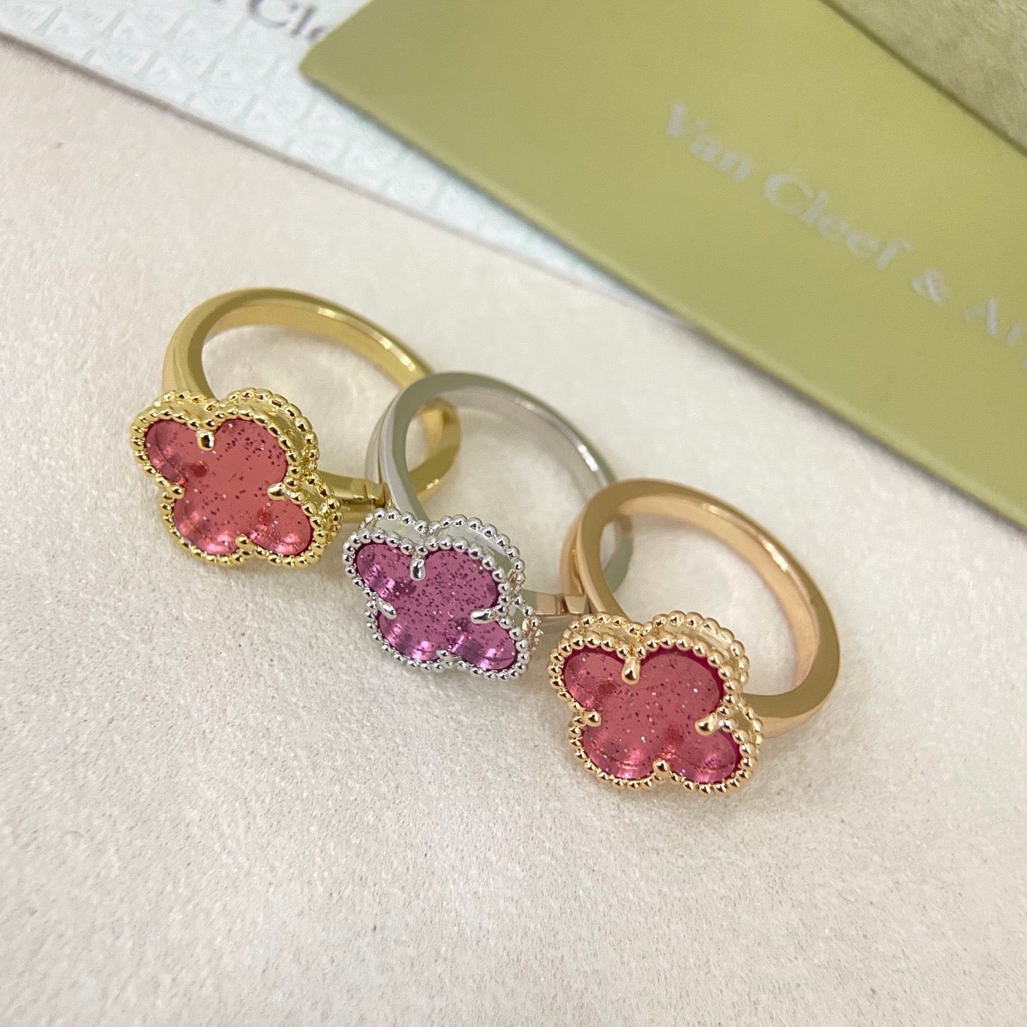 [Liorra]NEW ROSE QUARTZ FOUR-LEAF CLOVER RING