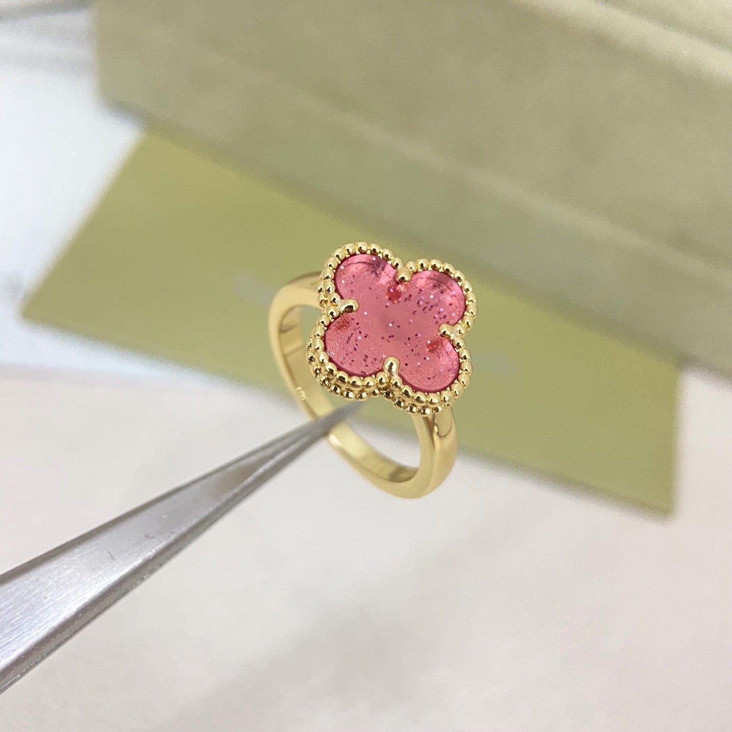 [Liorra]NEW ROSE QUARTZ FOUR-LEAF CLOVER RING