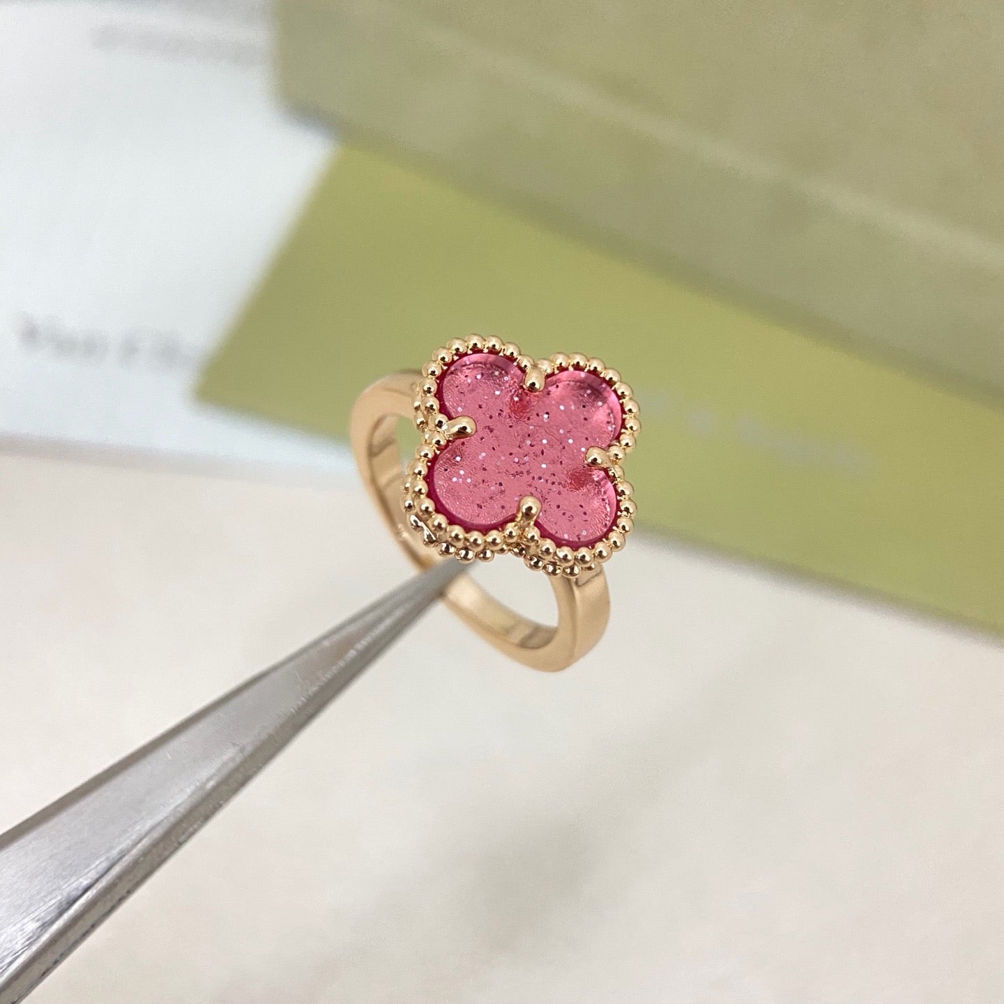[Liorra]NEW ROSE QUARTZ FOUR-LEAF CLOVER RING