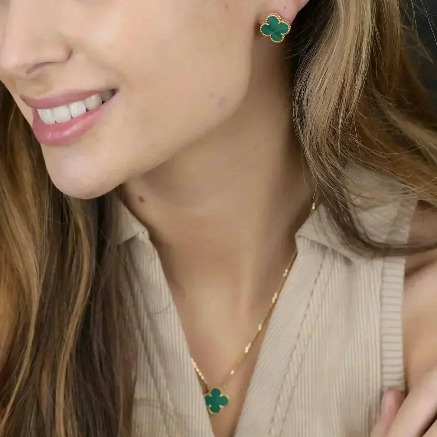 [Glimmer]CLOVER MINI 9.5MM MALACHITE  EARRINGS