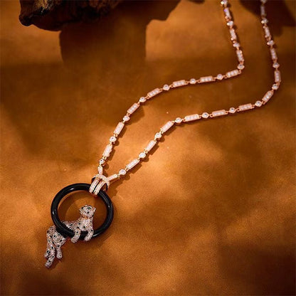 [Glimmer jewelrys]NEW BLACK CIRCLE PANTHER FULL DIAMOND NECKLACE