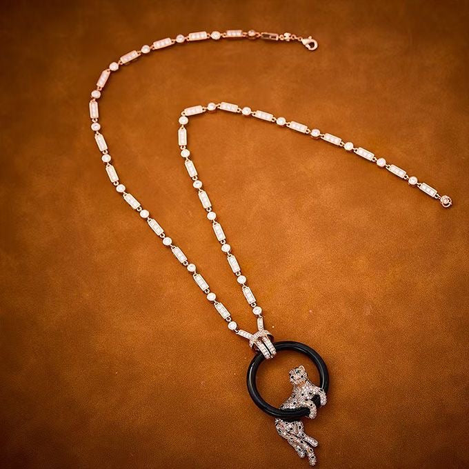 [Glimmer jewelrys]NEW BLACK CIRCLE PANTHER FULL DIAMOND NECKLACE