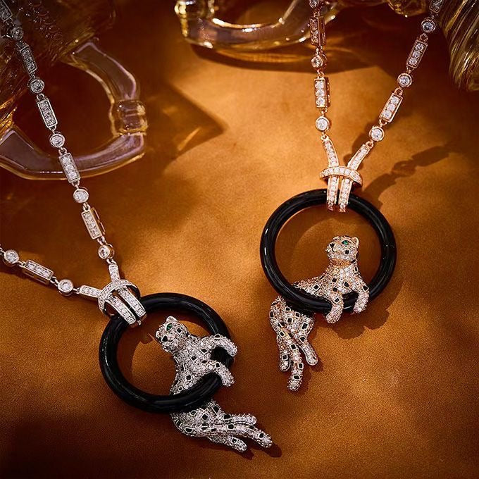 [Glimmer jewelrys]NEW BLACK CIRCLE PANTHER FULL DIAMOND NECKLACE