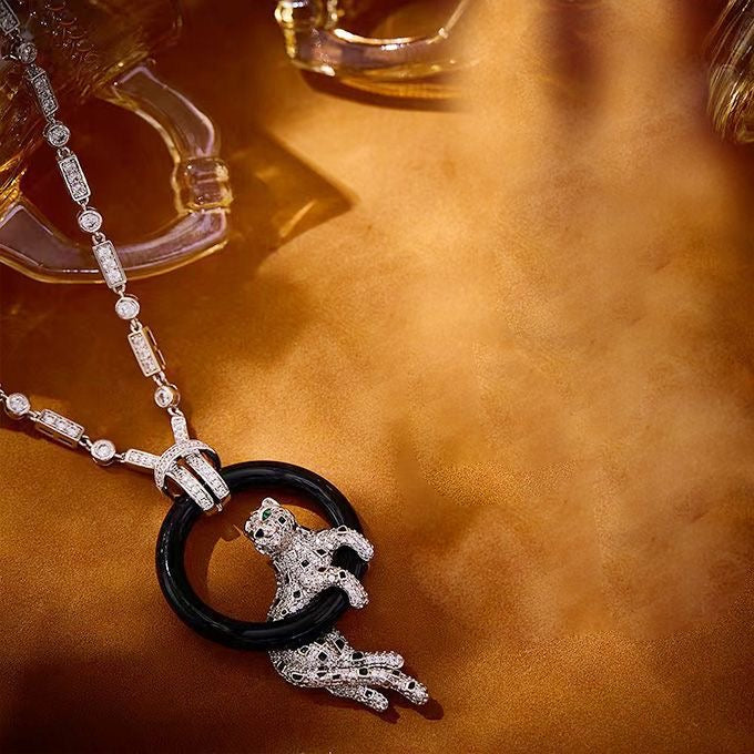 [Glimmer jewelrys]NEW BLACK CIRCLE PANTHER FULL DIAMOND NECKLACE