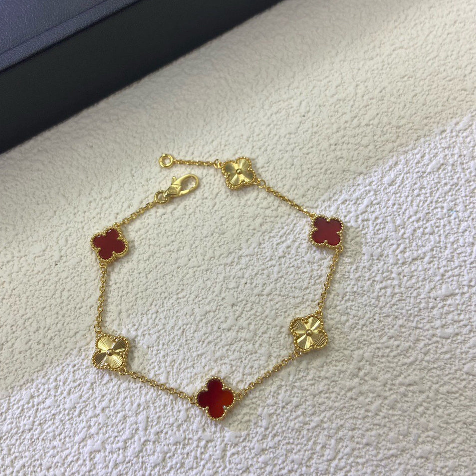 [Glimmer]CLOVER 6 MOTIF RED AGATE LASER BRACELET-w