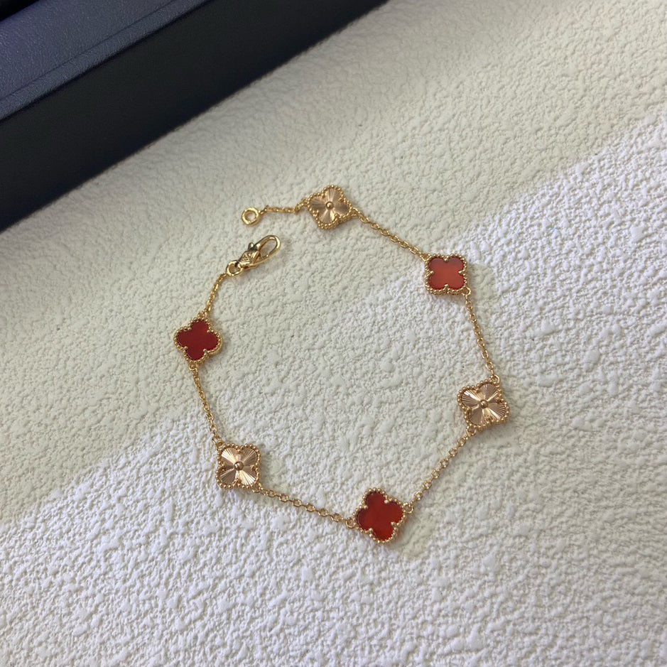 [Glimmer]CLOVER 6 MOTIF RED AGATE LASER BRACELET-w