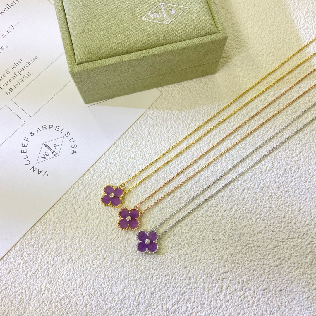 [Glimmer Jewelry]CLOVER 15MM DIAMOND  PURPLE VIOLET NECKLACE