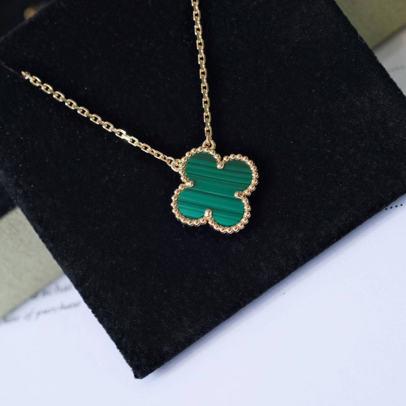 [Glimmer]CLOVER 15MM MALACHITE SINGLE FLOWER  NECKLACE