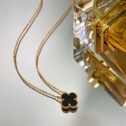 [Glimmer]CLOVER 15MM BLACK ONYX SINGLE FLOWER NECKLACE