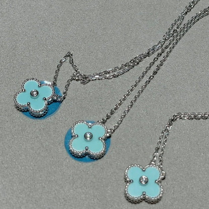 [Glimmer]CLOVER 1 DIAMOND LIGHT BLUE SILVER NECKLACE