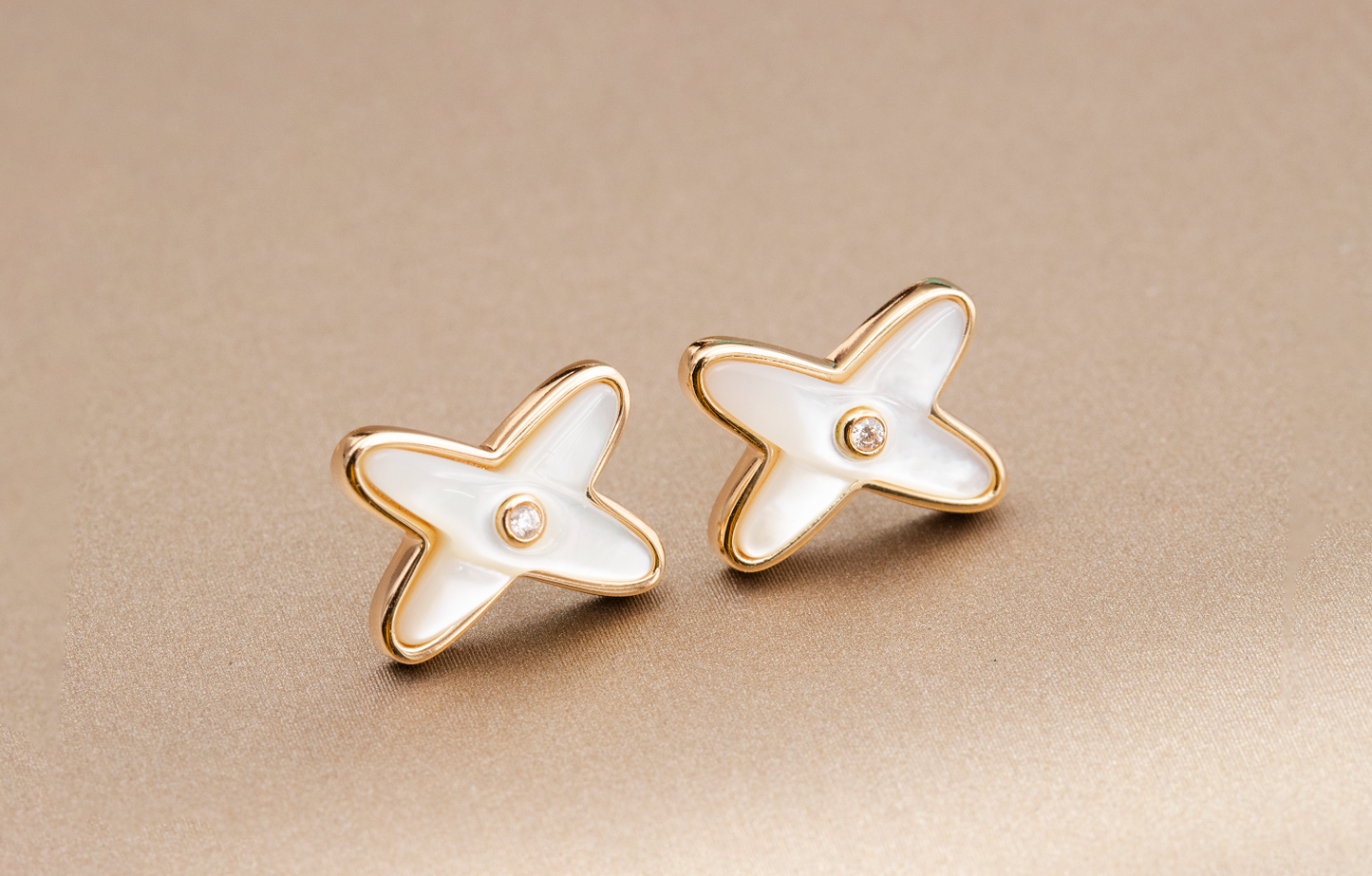 [Glimmer]JEUX DE WHITE MOP PINK GOLD DIAMOND EARRINGS