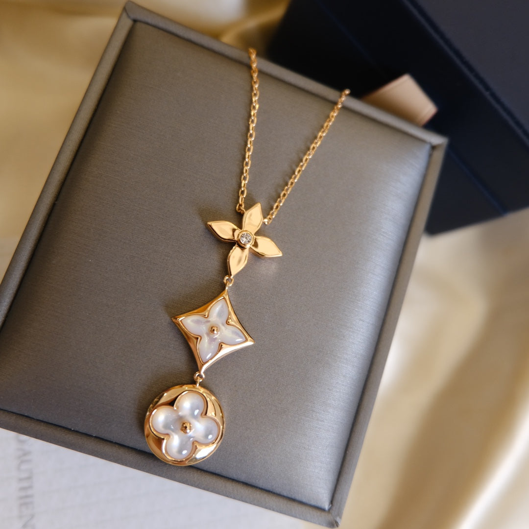[Glimmer]COLOR BLOSSOM LARIAT NECKLACE PINK GOLD WHITE MOTHER PEARL AND DIAMOND