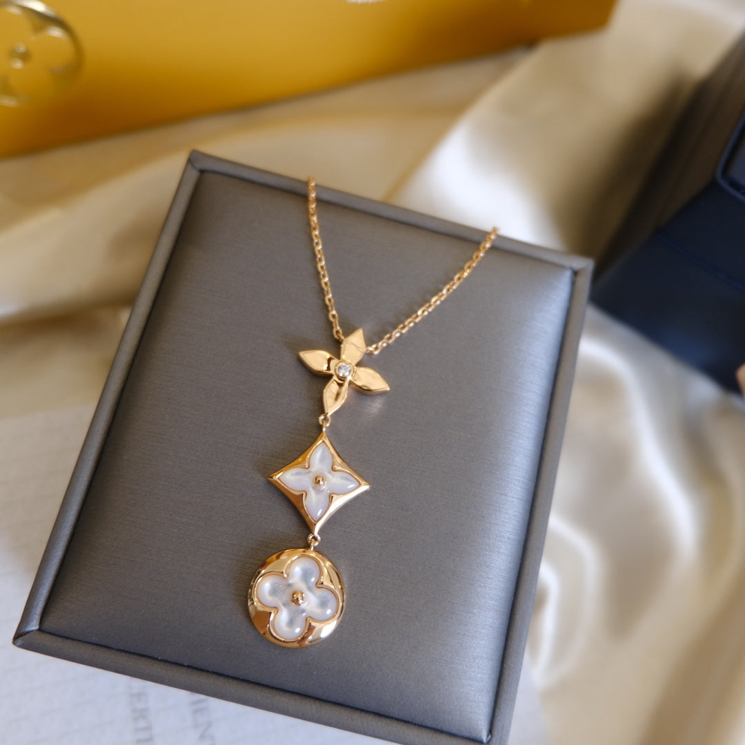 [Glimmer]COLOR BLOSSOM LARIAT NECKLACE PINK GOLD WHITE MOTHER PEARL AND DIAMOND