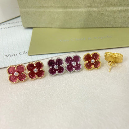 [Liorra]2026 NEW  CLOVER 1 MOTIFPINK ENAMEL STUD EARRINGS WITH DIAMONDS