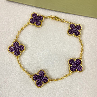 [Liorra]NEW PURPLE SAND-GOLD FOUR-LEAF CLOVER 5-FLOWER BRACELET