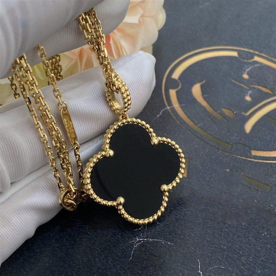 [Glimmer]CLOVER 25MM GOLD ONYX BIG CLOVER NECKLACE