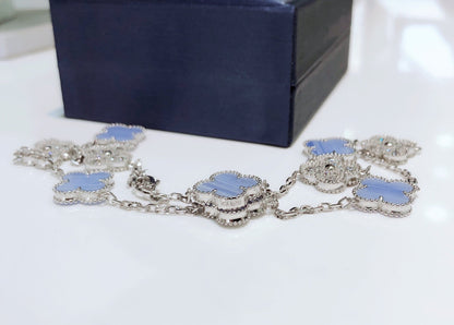 [Glimmer]CLOVER 10 MOTIFS CHALCEDONY DIAMONDS SILVER NECKLACE